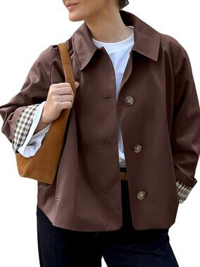 Women's Cropped Trench Coat Spring Fashion Jackets Outfit Single Breasted Brown
